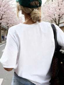 Camiseta Casual de Manga Corta con Cuello Redondo para Mujer, con Estampado de Leopardo y Corazón, Blusa de Poliéster - Blanco - Ver 3