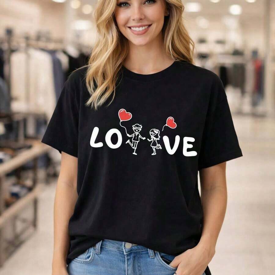 Women's Cotton T-Shirt, Love Print, Short Sleeve, Round Neck, Casual Top, Loose Fit For Everyday Wear, Sizes M-5XL, Soft And Breathable Cotton Fabric, Valentine's Day Graphic Design T-Shirt, Comfortable Oversized T-Shirt, Heart Design T-Shirt For Women, Fashionable And Friendly Top 2026 - 黑色 - 查看 1