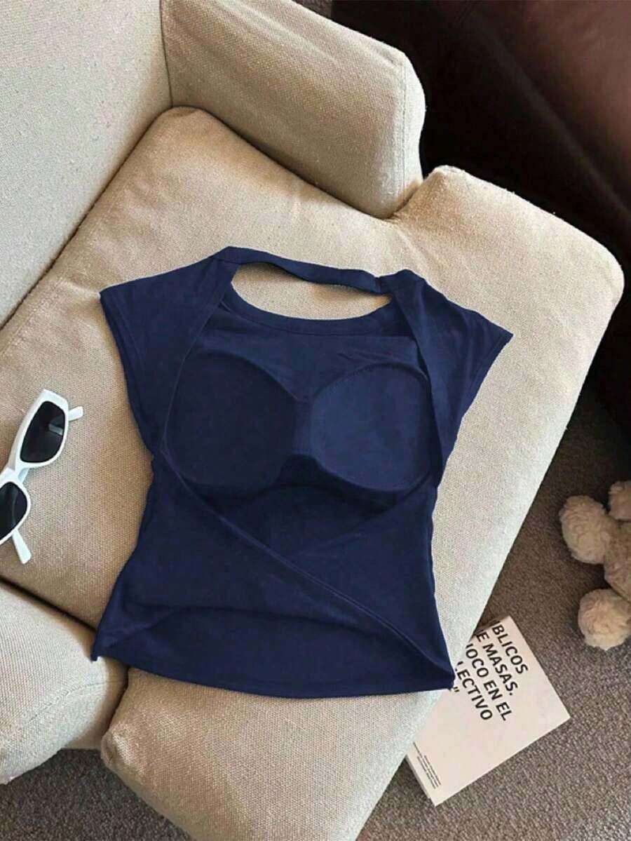 Top ajustado sin espalda de cuello redondo de unicolor para mujer - Azul marino - Ver 1
