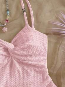 Vestido mini ajustado con cintura ceñida, bajo con volantes y giro asimétrico en el pecho, tejido en rojo, adecuado para vacaciones, citas, té de la tarde, vacaciones, festivales de música, estilo bohemio - Rosa - Ver 4