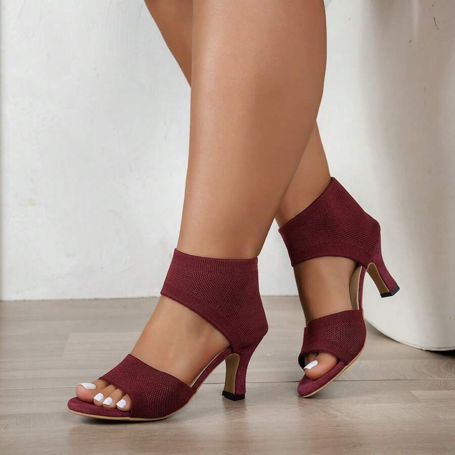 Black High Heel Peep Toe Roman Sandals, Women's Elastic Knit Super Breathable Fashion Hollow Out Sandals - Red - View 1
