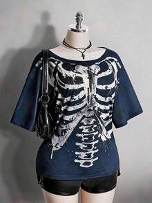 2026 Summer Collection,Retro Gothic Plus Tee: Distressed Skull & Rose, Y2K Punk Style, Sizes S-7XL, Ships 24H - Navy Blue - View 1