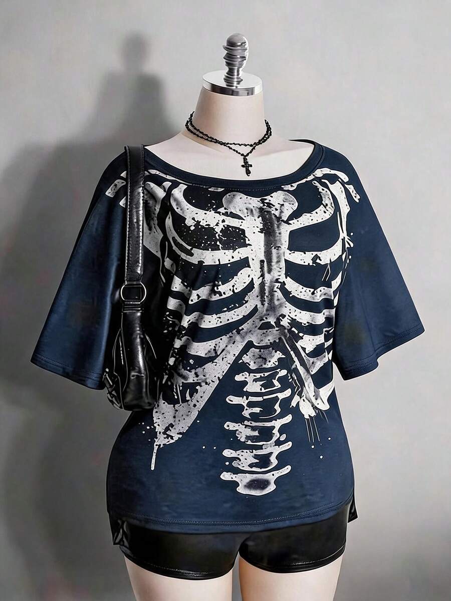 2026 Summer Collection,Retro Gothic Plus Tee: Distressed Skull & Rose, Y2K Punk Style, Sizes S-7XL, Ships 24H - Navy Blue - View 1