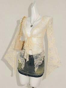 ICON Cárdigan transparente con mangas acampanadas y bajo asimétrico con estampado vintage para mujeres - Albaricoque - Ver 3
