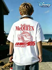 Disney Cars Lightning McQueen Red Line Art And Checkered Flag Printed Summer Tops, Perfect For Cool Boys. Teen Boy Gift,Comfortable And Breathable Children's Short-Sleeved T-Shirt. 180g Pure Cotton Children's Clothes,Suitable For Both Boys And Girls.Suitable For Daily Wear, Vacations, Outdoor Activities, And As A Children's Gift. - 白色 - 查看 3