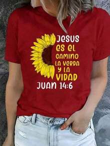 Playera Negra Oversize con Versículo Bíblico "JUAN 14:6" y Girasol, Camiseta de Fe Cristiana Jesús es el Camino, Blusa de Cita Espiritual y Adoración, Tops Regalo para Servicio Dominical - Rojo - Ver 5