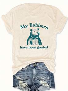 Women's Plus Size Casual T-Shirt With "My Flabbers Have Been Gasted" Raccoon Letter Print, Crew Neck, Slightly Stretchy Fabric, Autumn/Winter Collection, Raccoon T-Shirt - 杏色 - 查看 1