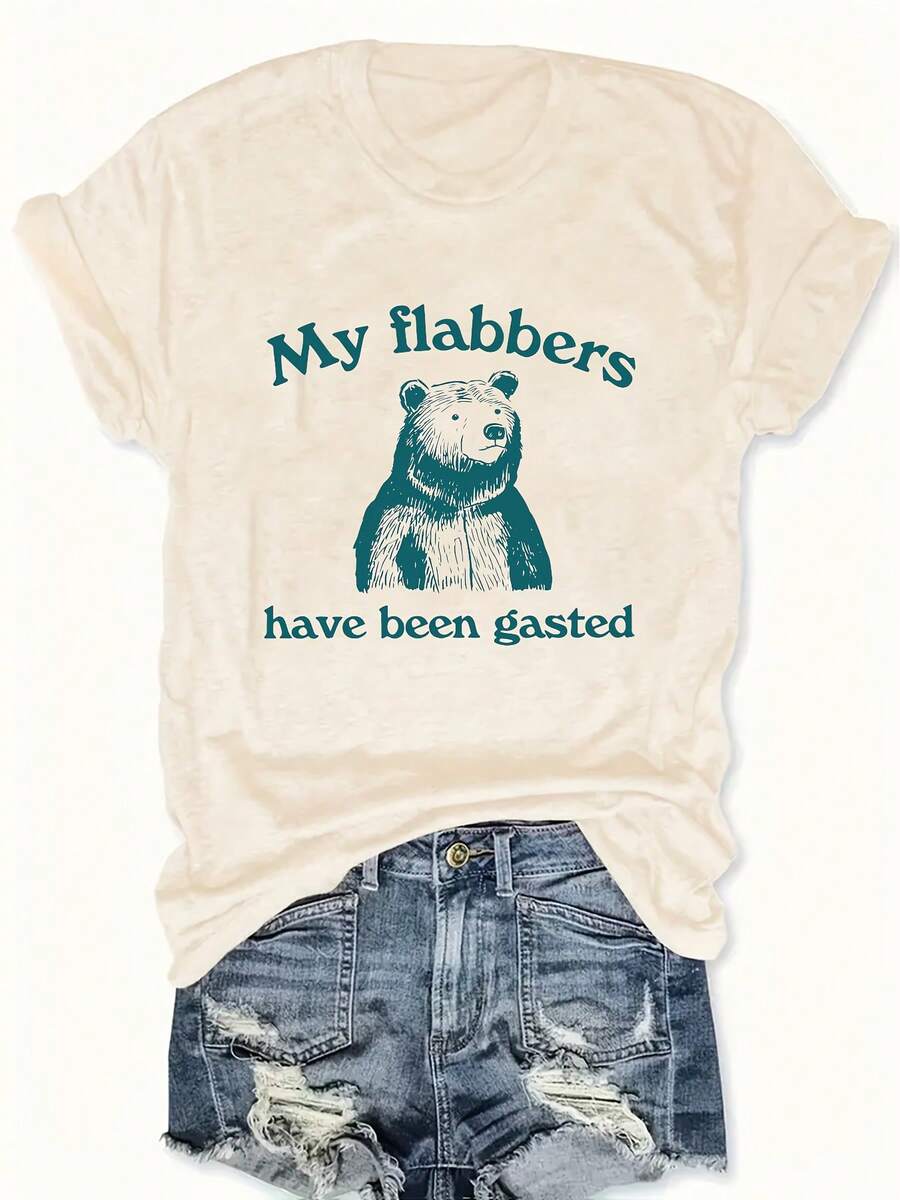 Women's Plus Size Casual T-Shirt With "My Flabbers Have Been Gasted" Raccoon Letter Print, Crew Neck, Slightly Stretchy Fabric, Autumn/Winter Collection, Raccoon T-Shirt - 杏色 - 查看 1