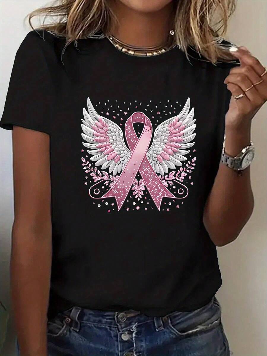 Plus Size - Women's Crew Neck T-Shirt With Pink Ribbon And Wings Print - Black - View 1
