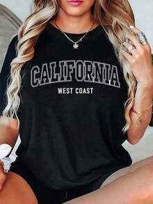 Camiseta casual de 1 pieza para mujer con estampado de la oeste de California, cuello redondo, camiseta casual de algodón, tejido de punto de elasticidad media, corte regular para damas, ideal para primavera/verano/otoño, Día de Acción de Gracias, Día de Año Nuevo, Día de San Valentín. - Negro - Ver 2