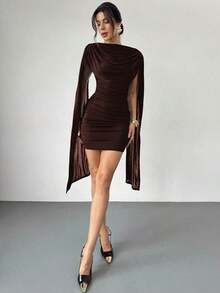 Vestido elegante y casual con cinta fluida y delgada, vestido de festival/vestidos elegantes para fiesta/atuendos de Acción de Gracias para mujeres/vestido de Año Nuevo/vestidos de invierno para mujeres/ropa de otoño/vestido de Año Nuevo/vestido de fiesta/falda negra/vestido negro - Marrón - Ver 5