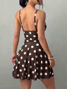 Vestido corto de punto sexy y elegante con escote en V, cintura fruncida y tirantes finos para mujer - Marrón - Ver 2