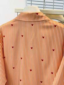 Blusa de mujer con cuello polo, estampado de corazones y rayas - Camisa casual de manga larga con botones, adecuada para uso diario en primavera, verano y otoño - Naranja - Ver 10