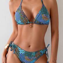 Bikini Set With Vintage Floral Print, Strapless Triangle Top And Lined Briefs, Two-Piece Set In Pink - Red Stamp - View 7