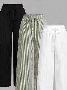 Set de 3 pantalones rectos sueltos de cintura alta con cordón y bolsillos, de unicolor y versátiles, adecuados para primavera/verano - Verde Oliva - Ver 3
