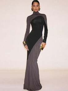 High-Waisted Fitted Dress In A Color Combination, Modern And Creative For The Street - 金色 - 查看 1