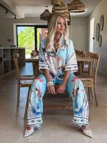2 piezas Conjunto casual y de fiesta para mujer, que incluye camisa con cuello y decoración de botones y pantalones de pierna ancha para verano - Celeste - Ver 2