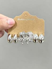 6-18pcs Silver-Tone Earring Set For Women, Includes Rose Flower, Geometric Shapes, Textured Designs, Suitable For Pairing With Various Styles - Silver - View 2