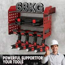 Tool Storage, Tool Rack For 4 Drill Holders, Heavy Duty Wall Mounted Rack For Garage, Home, Workshop - Red - View 6