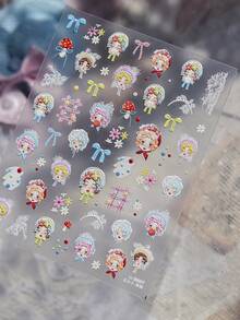 1片甜美复古洛丽塔娃娃美甲贴纸，5D立体浮雕女孩脸蝴蝶结花朵美甲贴花，日常及派对美甲装饰 - 彩色 - 查看 5