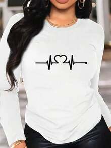 Women's Graphic T-Shirt, Long Sleeve, Round Neck, Basic, Comfortable, Cool, Lightweight, Modern, Youthful, Casual, Urban, Soft, Cool Print, Heart, Stripes, Lines, Pulse, Zigzag - 白色的 - 查看 1