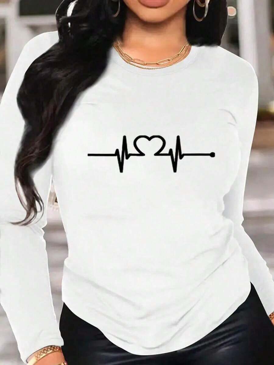 Women's Graphic T-Shirt, Long Sleeve, Round Neck, Basic, Comfortable, Cool, Lightweight, Modern, Youthful, Casual, Urban, Soft, Cool Print, Heart, Stripes, Lines, Pulse, Zigzag - 白色的 - 查看 1