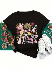 1 Piece Of Raggedy Ann & Andy Women's Plus Size Graphic Print T-Shirt, Casual Short Sleeve Crew Neck Tee, Medium Stretch Fabric, All-Season Comfort, Fashionable Summer Top, 180g 100% Cotton, Designs Are Fully Printed. Unisex. - 黑色 2 - 查看 11