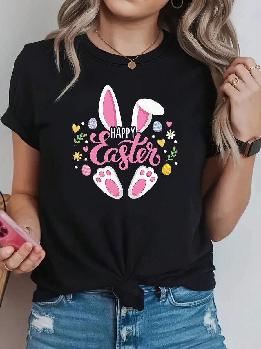 Camiseta de manga corta con cuello redondo para mujer, temática de Pascua, con orejas de conejito, huevos coloridos y estampados florales, perfecta para salidas informales, regalos navideños y reuniones con amigos. - Negro - Ver 1