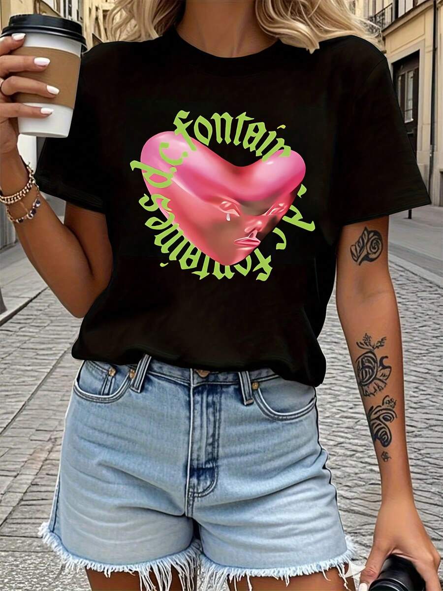 Camiseta con Estampado de Letras de Fontain Essences Artistry, Manga Corta, Cuello Redondo, Estilo Casual para Verano y Primavera, Ropa de Mujer Y2k - Negro - Ver 1