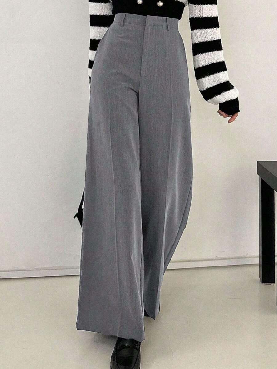 Pantalones anchos de pierna ancha casuales de unicolor para mujer, pantalones de vestir para mujer - Gris Claro - Ver 1