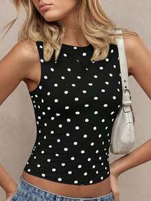 Blusa sin mangas de lunares para mujer, casual, sexy y de moda, adecuada para la calle, fiestas y salir de noche en verano, color blanco - Negro - Ver 4