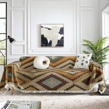 1PC Boho Cross PatternFringed Sofa Throw Blanket, Bohemian Print Couch Cover, Oversized Reversible Protector For Living Room, Machine Washable - Multicolor - View 5