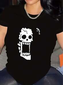 Camiseta deportiva holgada de manga corta y cuello redondo para mujer con diseño de calavera sorprendida - Negro - Ver 7