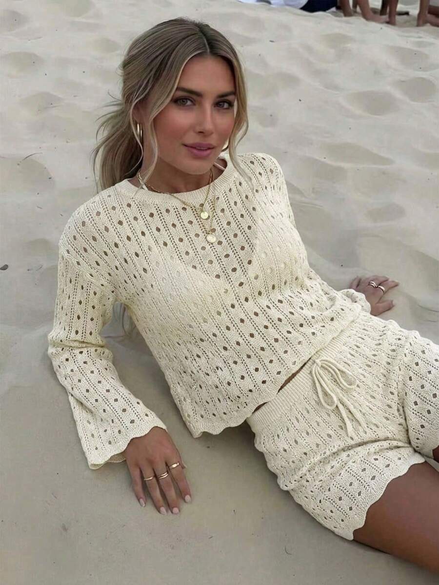 Conjunto de top de manga larga de cuello redondo de punto sólido elegante y pantalones cortos con cordón para mujer, adecuado para primavera/verano, uso diario, casual, fin de semana, vacaciones, viajes, playa - Albaricoque - Ver 1