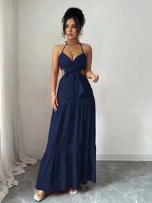 YHHRafferiza Vestido largo elegante con efecto calado y lazo para mujerYHH - Azul marino - Ver 6