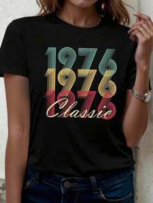 Women's 50th Birthday T-Shirt For 1976 - 50th Birthday Gift, Casual Short Sleeve Crew Neck Top With 50th Birthday Print, Summer And Spring Birthday Celebration In Black - 黑色 - 查看 3