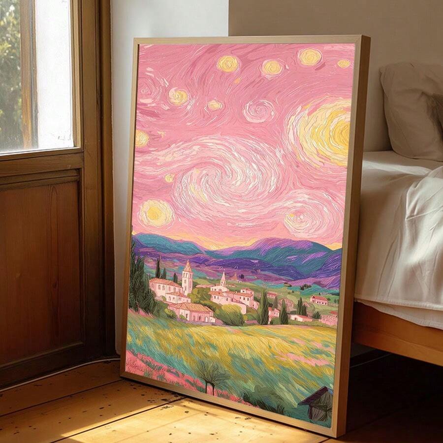 1幅粉色星空夜空艺术画，柔和日落油画帆布印刷品 | 现代印象派艺术装饰，适合女孩卧室、宿舍、客厅或办公室，印象派风景海报，艺术爱好者礼物，帆布画，无框