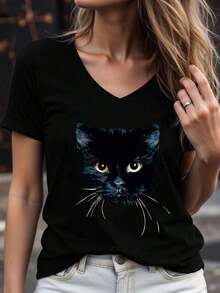 Casual Short-Sleeved T-Shirt With A Stylish And Simple 3D Cartoon Black Cat Print, Breathable And Sporty, New Women's Short-Sleeved Blouse - 黑色 - 查看 6