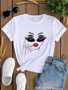 Camiseta gráfica de moda para mujer con diseño de rostro elegante, camiseta casual de verano para uso diario, top cómodo de algodón adecuado para primavera y otoño, ideal para adolescentes y adultos que buscan atuendos únicos. - Blanco - Ver 2