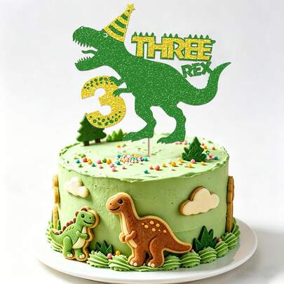 1pc/3pcs Dinosaur Egg Cake Topper, Green & Gold Glitter Tyrannosaurus Rex Birthday Cake Decoration