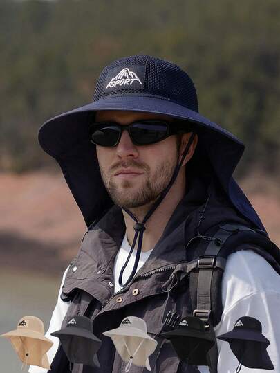 1pc Men's Embroidered Shawl Sun Protection Hat, Colorblock Outdoor Fishing Hiking Sunscreen Hat, Casual Sun Protection Cap, Suitable For Daily Hiking, Climbing, Fishing