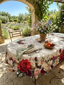 1pc Vintage Rose Floral Garden Print Tablecloth, Romantic European Farmhouse Style Polyester Rectangular/Oval Table Cover With Red Rose, White Rose, Flower Bouquet, Green Leaf Botanical Pattern, Decorative Dining Tablecloth - Multicolor - View 7