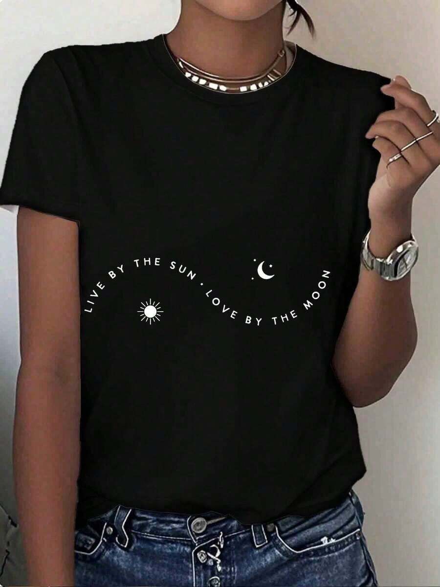 Camiseta Gráfica "Vive por el Sol, Ama por la Luna" para Mujer, Manga Corta Casual, Diseño Minimalista para Uso Diario, Estilo Boho, Top de Verano - Negro - Ver 1