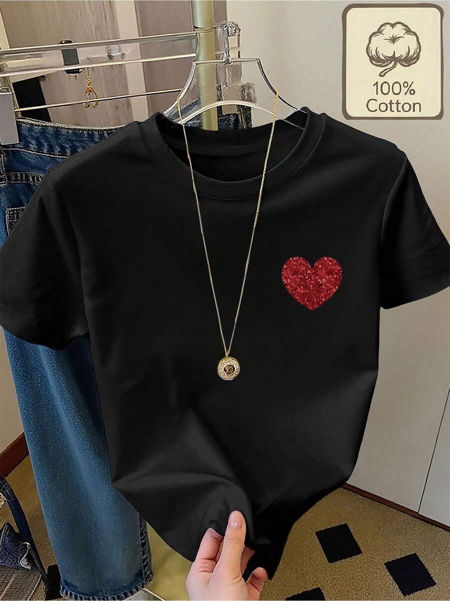 Women's T-Shirt, 100% Pure Cotton, Printed With A Red Heart Pattern, Round Neck, Short Sleeve, Summer Clothing, Comfortable And Breathable, Summer Clothes For Women, Tops For Women. - 黑色 - 查看 1