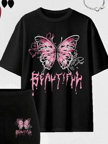 Conjunto de camiseta y pantalones cortos de ciclista con estampado gráfico de número 13 y eslogan, de moda casual para mujer - Multicolor 2 - Ver 5