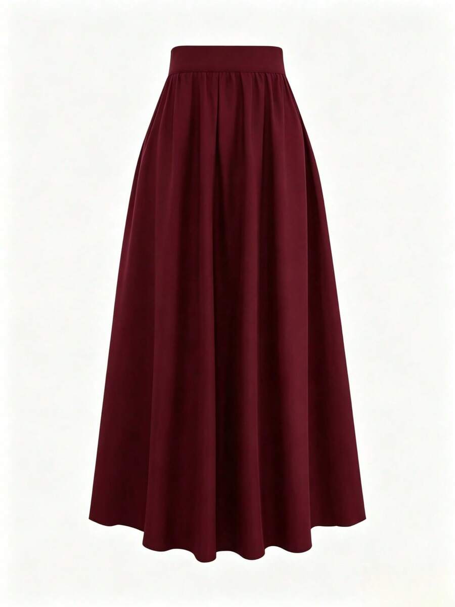 Elegante Falda Larga Acampanada Plisada de Poliéster Rojo French Encore para Mujer con Detalle de Cremallera, Tela Ligeramente Elástica, Versátil y de Moda para Citas, Desplazamientos, Todas las Estaciones, Primavera, Verano, Otoño, Regreso a la Escuela, Uso Diario - Burdeos - Ver 1