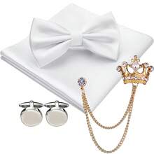 Conjunto de corbata de moño anudada de unicolor, pañuelo de bolsillo, gemelos y broche de solapa para hombres (Corbata de moño + Pañuelo de bolsillo + Gemelos + Broche de cadena colgante) - Multicolor - Ver 5