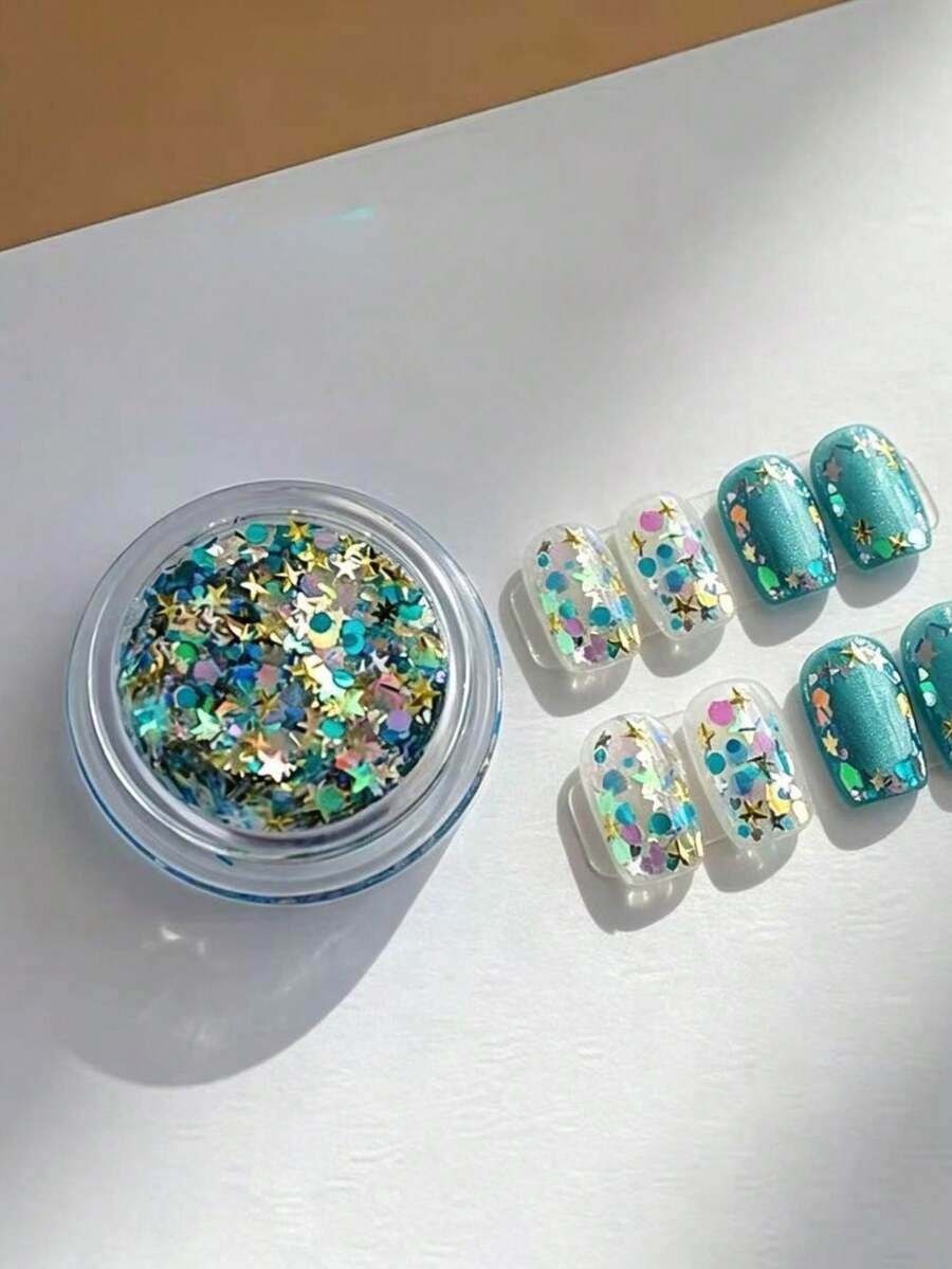 1 Caja de Brillos de Uñas Holográficos con Estrellas, con una base de turquesa azul con pentagramas dorados y lentejuelas redondas, efecto iridiscente y brillante, diseño versátil adecuado para uñas de acento, degradado o cobertura total de la uña, fácil aplicación para principiantes para crear vibraciones oceánicas soñadoras, adecuado para uso diario y ocasiones - Multicolor - Ver 1