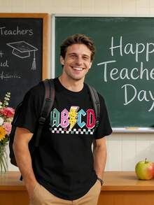 Camisas para profesoras, bonitas, con gráficas divertidas y estampado de letras. - Negro - Ver 6