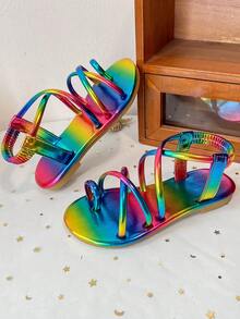 Giày sandal đế bằng quai ngang ánh kim cho trẻ em, quai ngang co giãn, hở mũi, giày casual mùa hè. - Nhiều màu - Xem 5